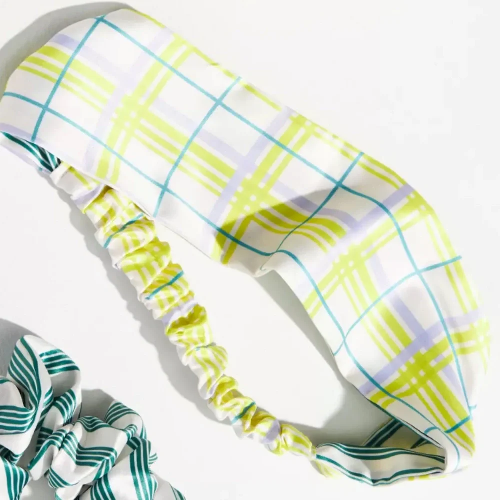 Anthropologie Printed Headband & Scrunchies Striped Green and Plaid Set